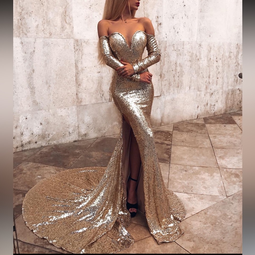 Elegant Gold Sequin Off-Shoulder Dress